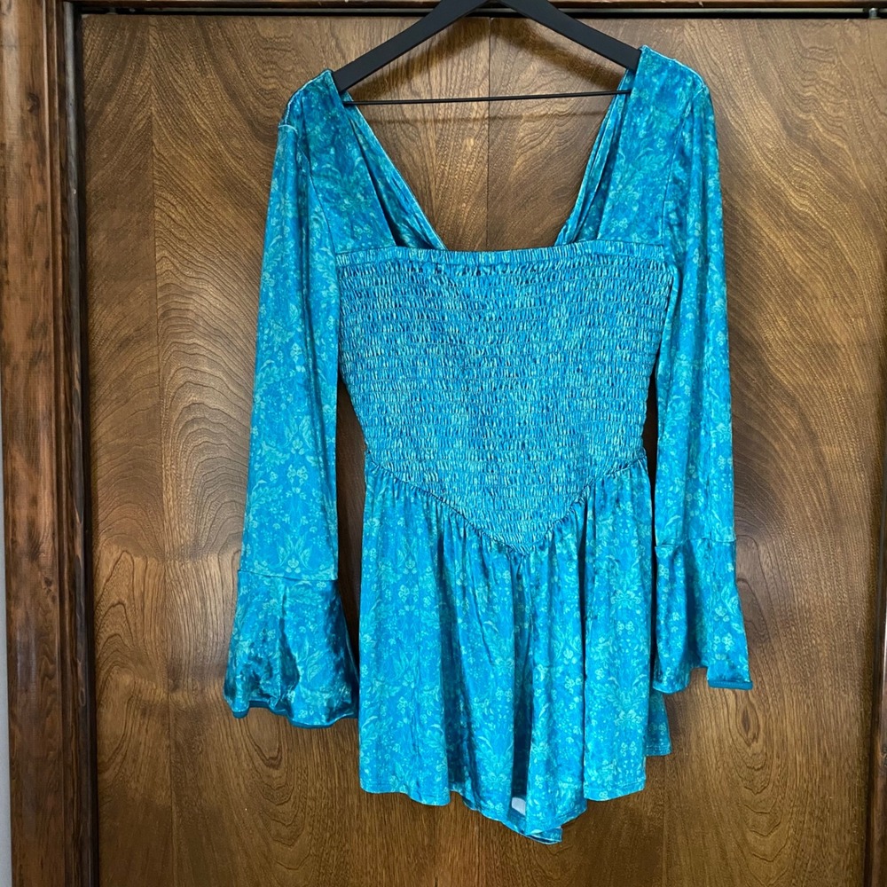 Free People Medium Blue Velour Floral Bali Tightrope Romper Bell Sleeve Fairy FP